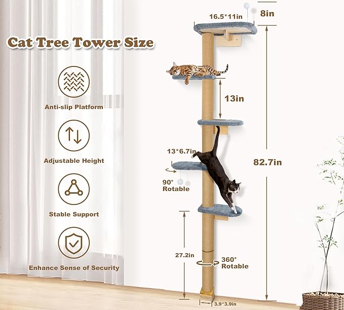 Cat Wall Shelves for Kittens, 83” Floor to Ceiling Cat Tree with Grey Plush Pads, Adjustable Wild Simulation Climbing Tree, Wall-Mounted Cat Tower with Scratching Post for Play, Climb & Scratching