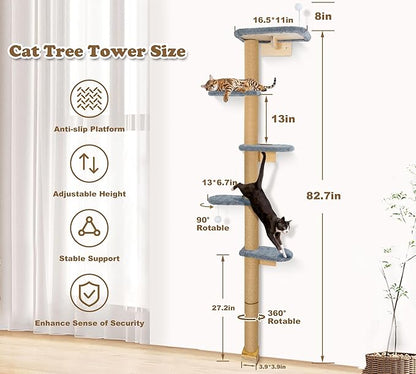 Cat Wall Shelves for Kittens, 83” Floor to Ceiling Cat Tree with Grey Plush Pads, Adjustable Wild Simulation Climbing Tree, Wall-Mounted Cat Tower with Scratching Post for Play, Climb & Scratching