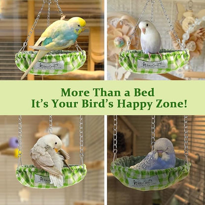 Waterproof Bird Bed with Adjustable Chain, Customizable Height Hanging Bird Hammock for Cage, Small Size Bird Nest with Durable Non-Collapsible Bottom, Bird Hut for Conures, Budgies (Green)