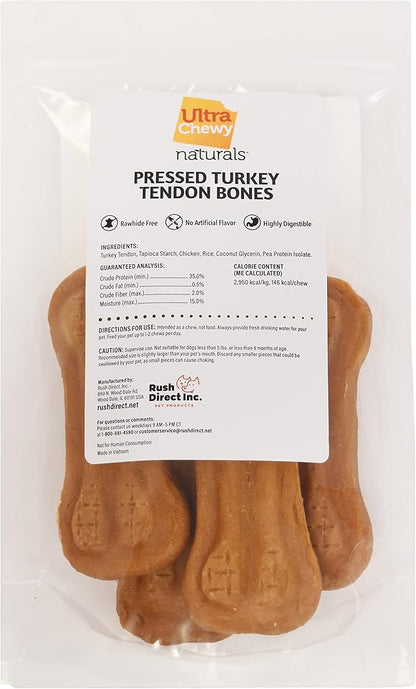 Ultra Chewy Turkey Tendon Pressed Bones for Dogs - Premium All-Natural, Hypoallergenic, Long-Lasting Dog Chew Treat, Easy to Digest, Ingredient Sourced from USA (4 Inches - 4 Pack)