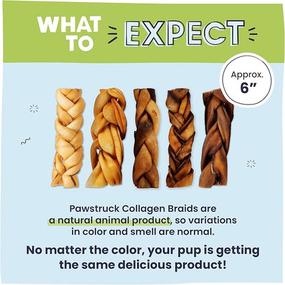 Pawstruck Natural 5-7 Beef Collagen Braids for Dogs - Healthy Long Lasting Alternative to Traditional Rawhide & Bully Sticks Chew Treats w/Chondroitin & Glucosamine - 5 Count - Packaging May Vary