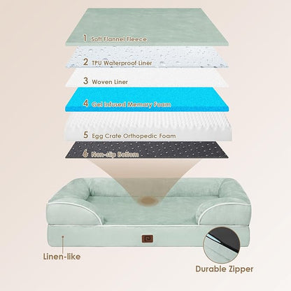 EHEYCIGA Orthopedic Dog Beds for Extra Large Dogs, Waterproof Memory Foam XL Dog Bed with Sides, Non-Slip Bottom and Egg-Crate Foam Big Dog Couch Bed with Washable Removable Cover, Sage Green
