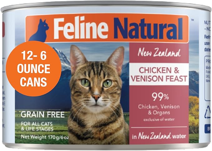 Feline Natural Wet Cat Food Pate, Chicken & Venison Feast, 6 Oz Cans (Pack of 12), Grain Free, Made in New Zealand with Cage-Free Chicken and Grass-Fed Venison
