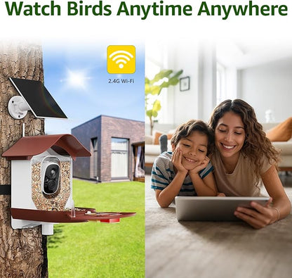 PeckCam® Smart Bird Feeder with Camera 2K HD Auto Detect & Notify, AI Identify 10000+ Birds Camera with Solar Panel 5 Perch Attachments Wireless Outdoor Birdwatching Gift for Birds Lover, Red