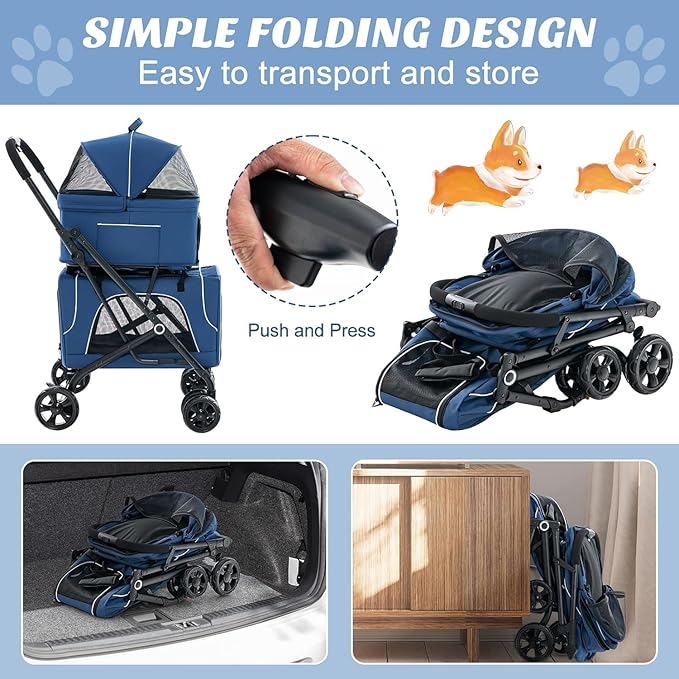 Double Dog Stroller, Foldable 3-in-1 Cat Stroller with 2 Detachable Carriers, Safety Belt, Washable Cover, Removable Pads, 4 Wheels Travel Pet Stroller for Small Medium Dogs (Blue)