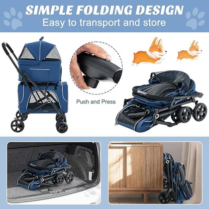 Double Dog Stroller, Foldable 3-in-1 Cat Stroller with 2 Detachable Carriers, Safety Belt, Washable Cover, Removable Pads, 4 Wheels Travel Pet Stroller for Small Medium Dogs (Blue)