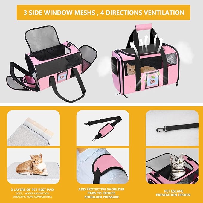 Cat Carrier Soft Side Dog Carrier for Cat Puppy, Collapsible Travel Pet Carrier, TSA Airline Approved Cat Carrier for Kitten Dogs15 lbs,Pink