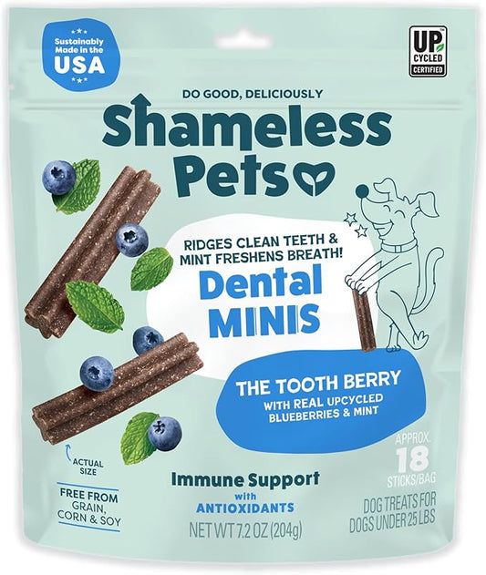 Shameless Pets Toothberry Dental Mini Chews for Dogs  Natural Dog Dental Sticks for Fresh Breath, Teeth Cleaning & Removes Tartar, Grain-Free Dog Treats, No Corn or Soy