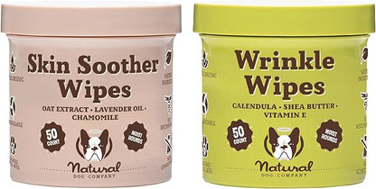 Natural Dog Company Wipes Bundle - (1) Wrinkle Balm Wipes, 50 Count (1) Skin Soother Wipes, 50 Count, Hypoallergenic, Soothing & Deoderizing Wipes for Dogs