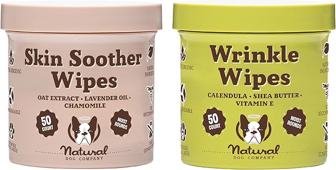 Natural Dog Company Wipes Bundle - (1) Wrinkle Balm Wipes, 50 Count (1) Skin Soother Wipes, 50 Count, Hypoallergenic, Soothing & Deoderizing Wipes for Dogs