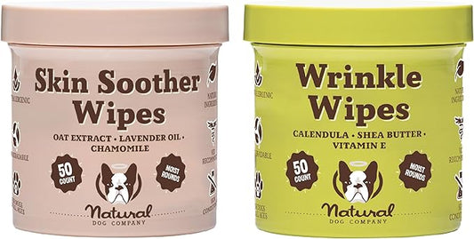 Natural Dog Company Wipes Bundle - (1) Wrinkle Balm Wipes, 50 Count (1) Skin Soother Wipes, 50 Count, Hypoallergenic, Soothing & Deoderizing Wipes for Dogs