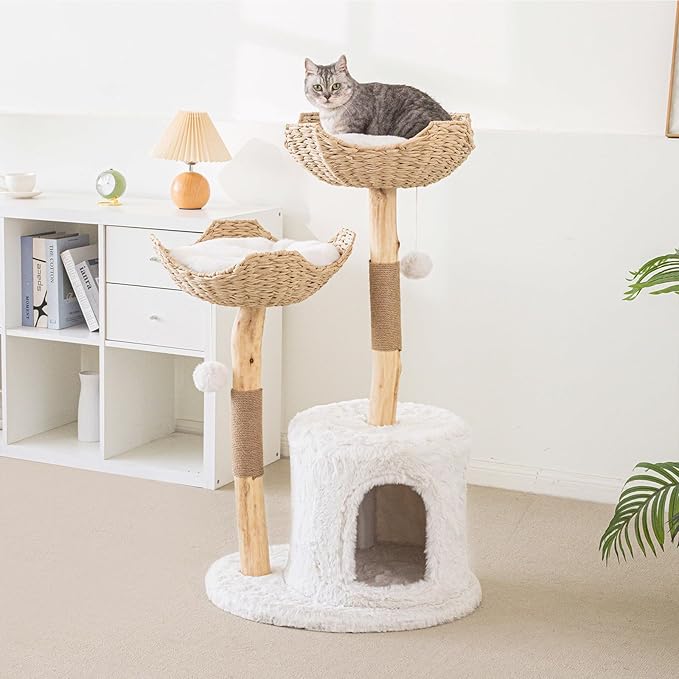 Modern Cat Tree for Indoor Cats Large Adult, 46" Tall Wooden Cat Tower for Large Cats with Scratching Post, Luxury Cat Condo, White
