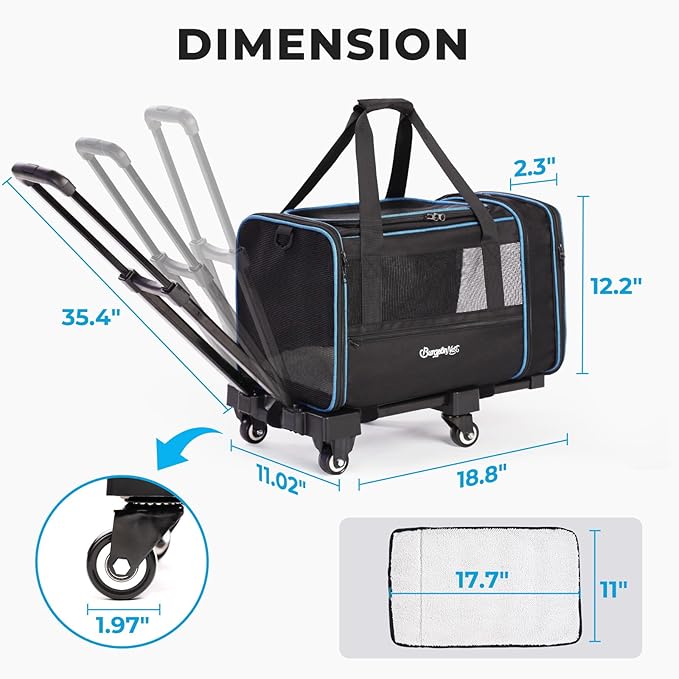BurgeonNest Expandable Premium Cat Carrier with Wheels - Handle Adjustable Small Dog Carrier- Designed for Dogs and Cats up to 15 lbs - Removable Soft Lined Pet Carrier