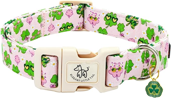 Elegant little tail St Patrick's Day Dog Collar-Cute Colver Cotton Shamrock Pet Collar Trefoil Pink Holiday Adjustable Cotton Pet Collar with Quick Release Buckle for Small Medium Large Dogs