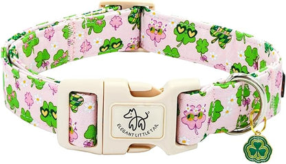 Elegant little tail St Patrick's Day Dog Collar-Cute Colver Cotton Shamrock Pet Collar Trefoil Pink Holiday Adjustable Cotton Pet Collar with Quick Release Buckle for Small Medium Large Dogs