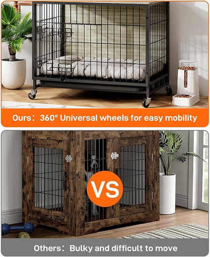Dog Crate Furniture, 38.6" Wooden Dog Kennel Indoor, Double Doors Dog Cage with Removable Tray, Wheels, Large Dog Crate End Table for Medium/Large Dogs, Grey
