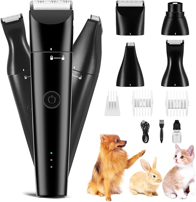 4 in 1 Dog Grooming Kit with USB-C Charging, Paw Trimmer for Small Dogs, Cats, Pet Hair Clippers Dog Nail Grinder, Low Noise Cordless Hair Trimmer with 2 Speed Modes