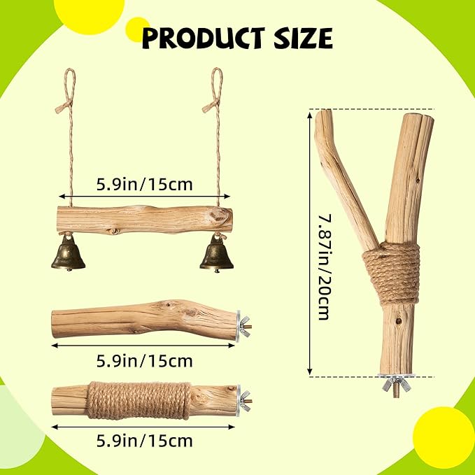 Natural Solid Wood Bird Perch and Swing - Durable Toys for Parakeets, Parrots & Birds - Safe cage Accessories with High Hardness Texture