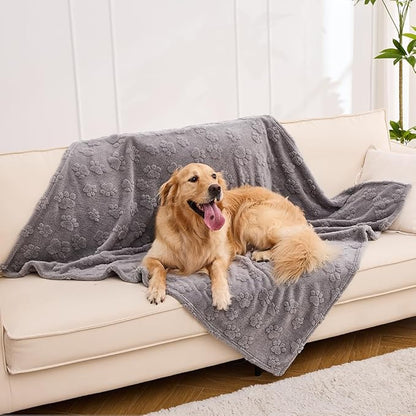 Qeils Jacquard Dog Blankets for Large Dogs, Cozy Calming Cat Blankets Washable, 280GSM Coral Fleece Plush Fluffy Throw Blanket, Grey Paws, 30x40IN