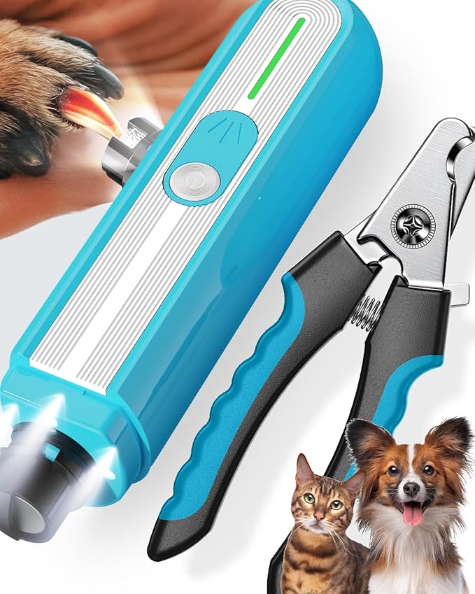 Super Powerful Dog Nail Trimmers, Dog Nail Clipper and Dog Nail Grinder Combo, Ultra Quiet, 3 Speeds, 4 Bright Lights, with Travel Lock, for Small, Meddium and Large Dogs, Cats, Small Animals