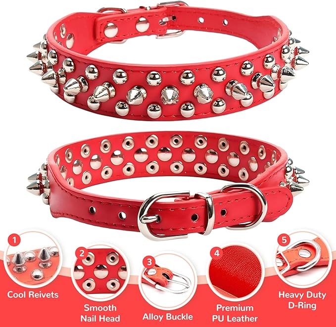 PETCARE Spiked Dog Collar Red Soft Pu Leather Funny Mushrooms Rivet Spike Studded Puppy Collar Adjustable Outdoor Pet Dog Collar for Small Medium Large Dogs Cats Chihuahua Pug Pit Bull Dog Collars