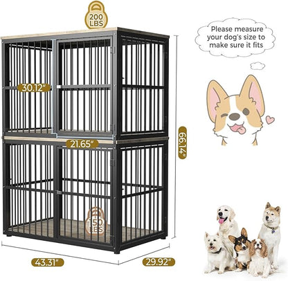43'' Stackable Dog Crate Furniture Large Breed with Double Rooms,Wooden Dog Crate Heavy Duty Dog Kennel Indoor with Removable Divider for Small to Medium Dogs, Can Use Separately