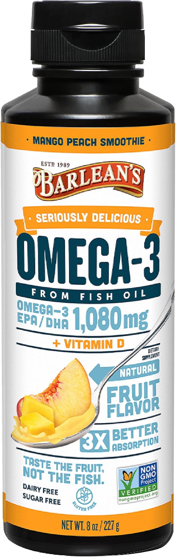 Barlean's Mango Peach Omega 3 Fish Oil Supplements - 1080mg of EPA/DHA, 600 IU Vitamin D3 for Brain, Heart, Joint, & Immune Health - Non GMO, Gluten Free, All-Natural Fruit Smoothie - 8-Ounce