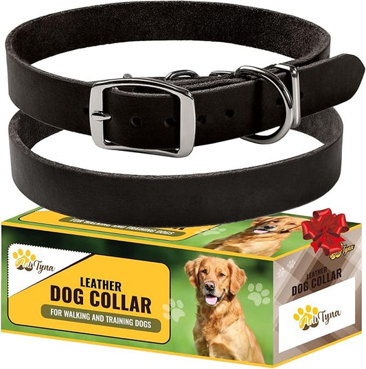 Adityna - Black Leather Dog Collar for Large Dogs - Classic Style, Soft and Strong, Heavy-Duty Top-Grain Leather Collar for Walking, Training, Hiking, and Running (L - Neck: 19-24 inches, Black)