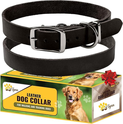 ADITYNA - Leather Dog Collar for Medium Dogs - Classic Style, Soft and Strong, Heavy Duty, Top-Grain Leather, Handmade - for Walking, Training, Hunting, and Running (M - Neck: 15-20 inches, Black)