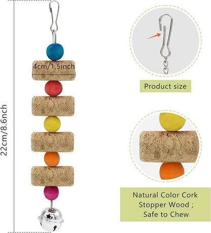 4Pcs Bird Chewing Toy, Parrot Cork Gnawing Skewers With Bell, Hanging Colorful Wooden Bead Cockatiels Beak Trimming for Birdcage (Four Packs-Bell Parrot Toy)