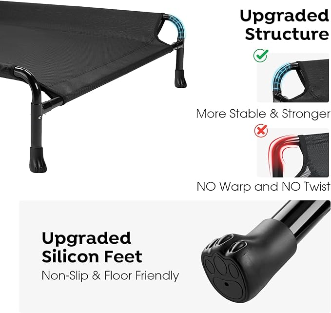 Veehoo Cooling Elevated Dog Bed, Raised Dog Beds for Large Dogs, Outdoor Dog Bed with Guardrail, Upgraded Non-Slip Feet, Breathable Teslin Mesh, Portable Camping Dog Cot, 41 x 27 Inches, Black