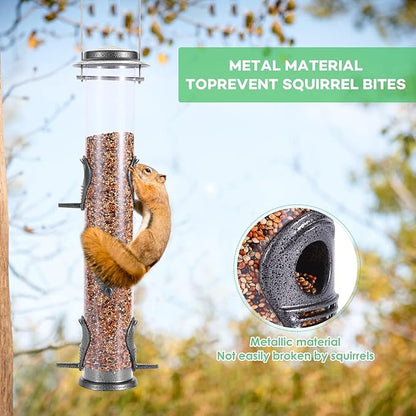 MIXXIDEA 2PK Metal Bird Feeders with 6 Feeding Ports,Tube Bird Feeder with Steel Hanger,Hard Plastic Wild Bird Feeder for Outdoors Hanging, Attracting Birds in Your Lawn, Garden, Balcony (Grey)