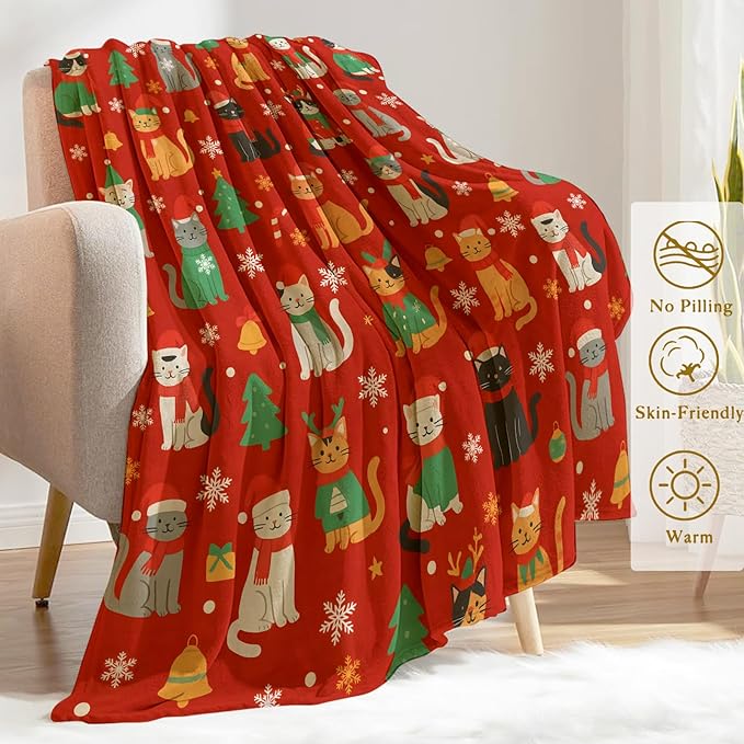 Cat Christmas Decorative Throw Blanket, Cute Kitten Print Decoration, Soft Flannel Winter Blankets for Couch Bed Sofa, Holiday Home Decor, Xmas Festival Gifts for Kids Adults 40x50 Inch