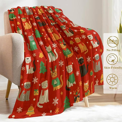 Cat Christmas Decorative Throw Blanket, Cute Kitten Print Decoration, Soft Flannel Winter Blankets for Couch Bed Sofa, Holiday Home Decor, Xmas Festival Gifts for Kids Adults 60x80 Inch