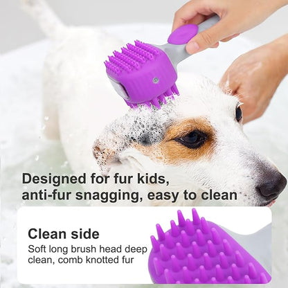 2 in1 Silicone Dog Cat Bath Brush, Pet Shampoo Brush Scrubber Massage Dispenser, Soft Silicone Grooming Shower Brush for Short Long Haired Dogs and Cats Washing (Purple)