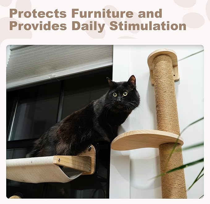 Window/Wall Mount Cat Wall Shelves by Pet Savvy – Cat Hammock (Oatmeal), Scratching Post with Landing, Two Steps – Natural Pine, Jute Rope, Sized for Cats up to 25lbs – 4 pc Set