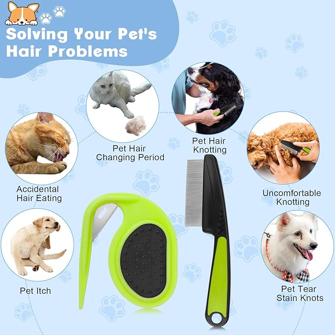 2PCS Flea Comb-Pet Knotting Comb, Tick Comb for Long Haired Pets- Remove Clumps Stainless Fine Tooth Dog Eye Comb Tear Stain Comb for Small Dogs Cat Pet Grooming Comb