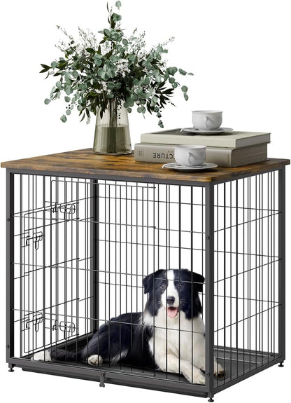 VEVOR 27" Dog Crate Furniture With Double Doors, 2-in-1 Decorative Wooden Kennel End Table, Removable Tray, Holds up to 30 lbs for Small, Medium Dogs - Brown