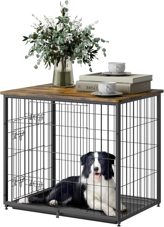 VEVOR 27" Dog Crate Furniture With Double Doors, 2-in-1 Decorative Wooden Kennel End Table, Removable Tray, Holds up to 30 lbs for Small, Medium Dogs - Brown