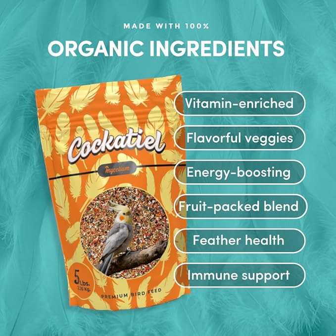Mycelium Cockatiel Cuisine Bird Food | 5 lb Premium Seed Mix with Vegetables, Fruits, Sunflower Seeds, Oat Groats & Buckwheat for Energy, Digestion, and Feather Health | Organic & Non-GMO