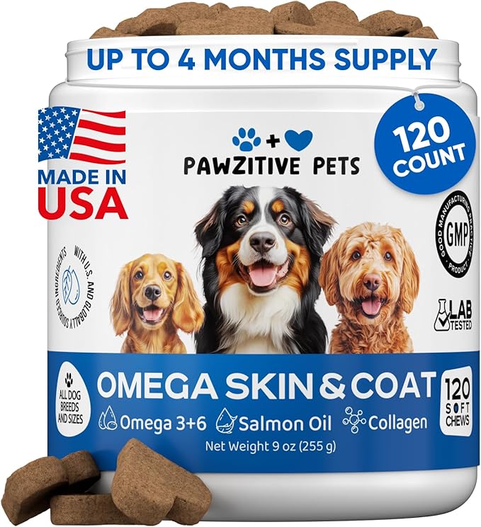 Omega 3 Fish Oil for Dogs Chews - Dog Skin & Coat Supplement for Itch Relief, Hot Spot Treatment - USA Product - Salmon Oil for Dogs Itching Skin Relief, Shedding, Hip & Joint Health - 120 Soft Treats