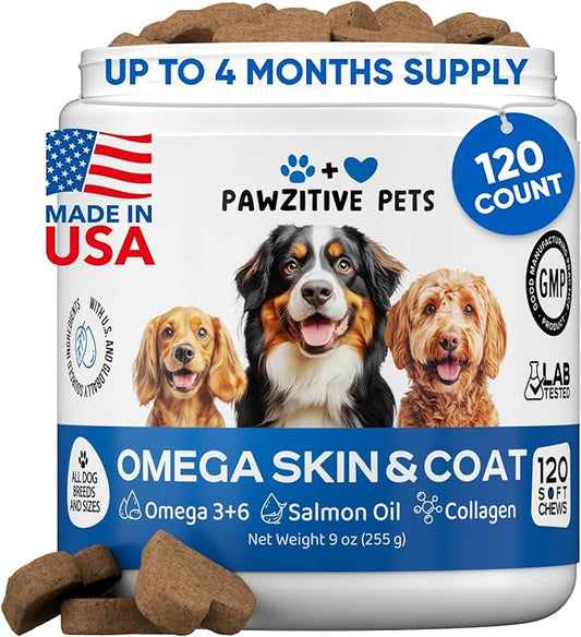 Omega 3 Fish Oil for Dogs Chews - Dog Skin & Coat Supplement for Itch Relief, Hot Spot Treatment - USA Product - Salmon Oil for Dogs Itching Skin Relief, Shedding, Hip & Joint Health - 120 Soft Treats