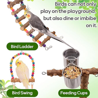 Bird Playground, Bird Perch Play Stand, Conure Parakeets Parrots Cockatiel Toys, for Bird Cage Accessories, Natural Wood