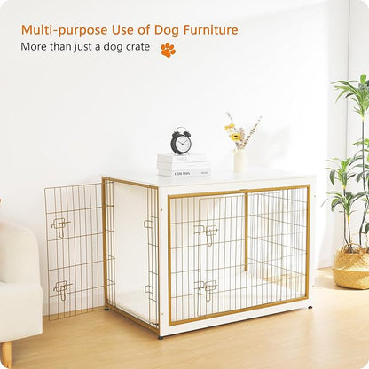 DWANTON Dog Crate Furniture with Cushion, Wooden Kennel Table with Double Doors, Indoor Dog House, Extra Large Size, 43.3" L, White+Gold