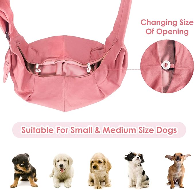 Dog Padded Papoose Sling, Small Pet Sling Carrier Hands Free Carry Adjustable Shoulder Strap Reversible Tote Bag with a Pocket Safety Belt Dog Cat Traveling Subway (5-12lbs, Pink)