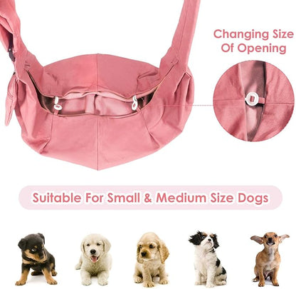 Dog Padded Papoose Sling, Small Pet Sling Carrier Hands Free Carry Adjustable Shoulder Strap Reversible Tote Bag with a Pocket Safety Belt Dog Cat Traveling Subway (5-12lbs, Pink)