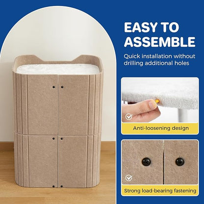 Cat House for Indoor Cats Large Cat Bed Cave 2-Storey Cats Condo with Cozy Felt Covered Hideaway for Multiple Pets Beige