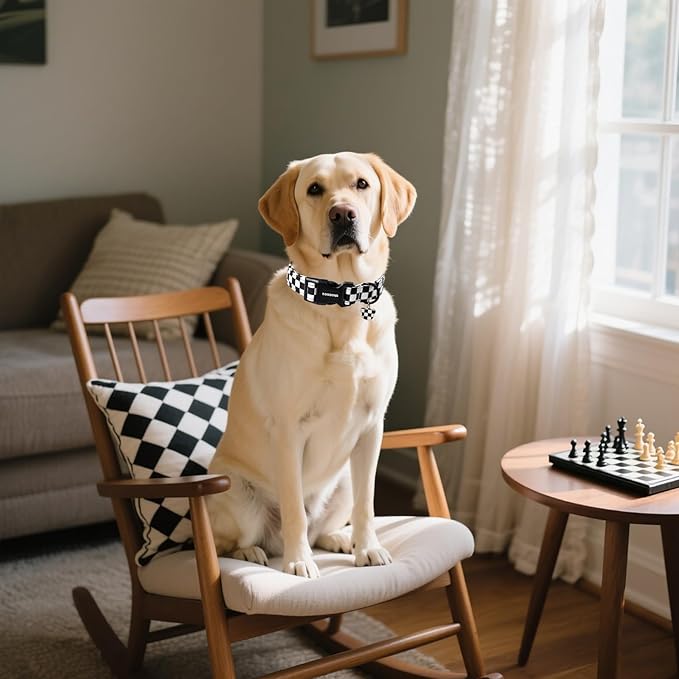 DOGWONG Checkered Dog Collar, Black Plaid Dog Collar Adjustable Soft Natural Fabric Pet Dog Collars Cute Puppy Necklace for Small Medium Large Dogs