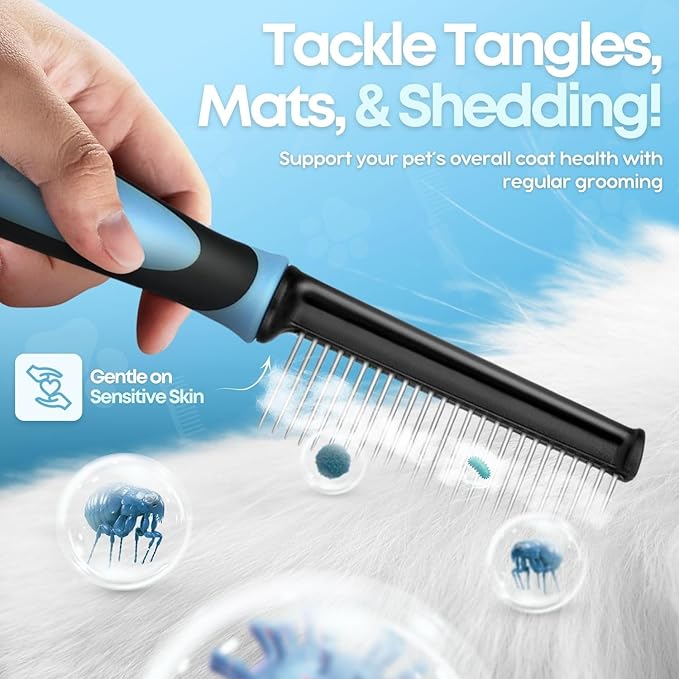 Flexzion Metal Pet Comb for Cats & Dogs - Sturdy Stainless Steel Rounded Teeth with Non-Slip Soft Grip Handle Easy to Use Grooming Detangling Cat Combs for Indoor Cats, Blue