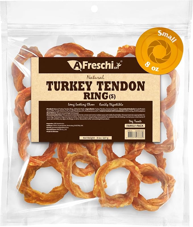 Afreschi Natural Turkey Tendon Ring (S) 8 oz, for Small Breeds, Turkey Sourced from USA, All Natural Puppy Chew, Hypoallergenic, Rawhide Alternative